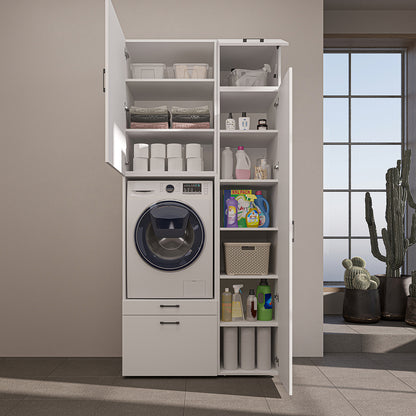 Roomart Waschmaschinenschrank mit Ausziehbrett, 112 cm breit - SERIE 2  – Waschmaschinenüberbau für Waschmaschine & Trockner, Waschturm-Schrank mit Stauraum für Bad & Waschküche