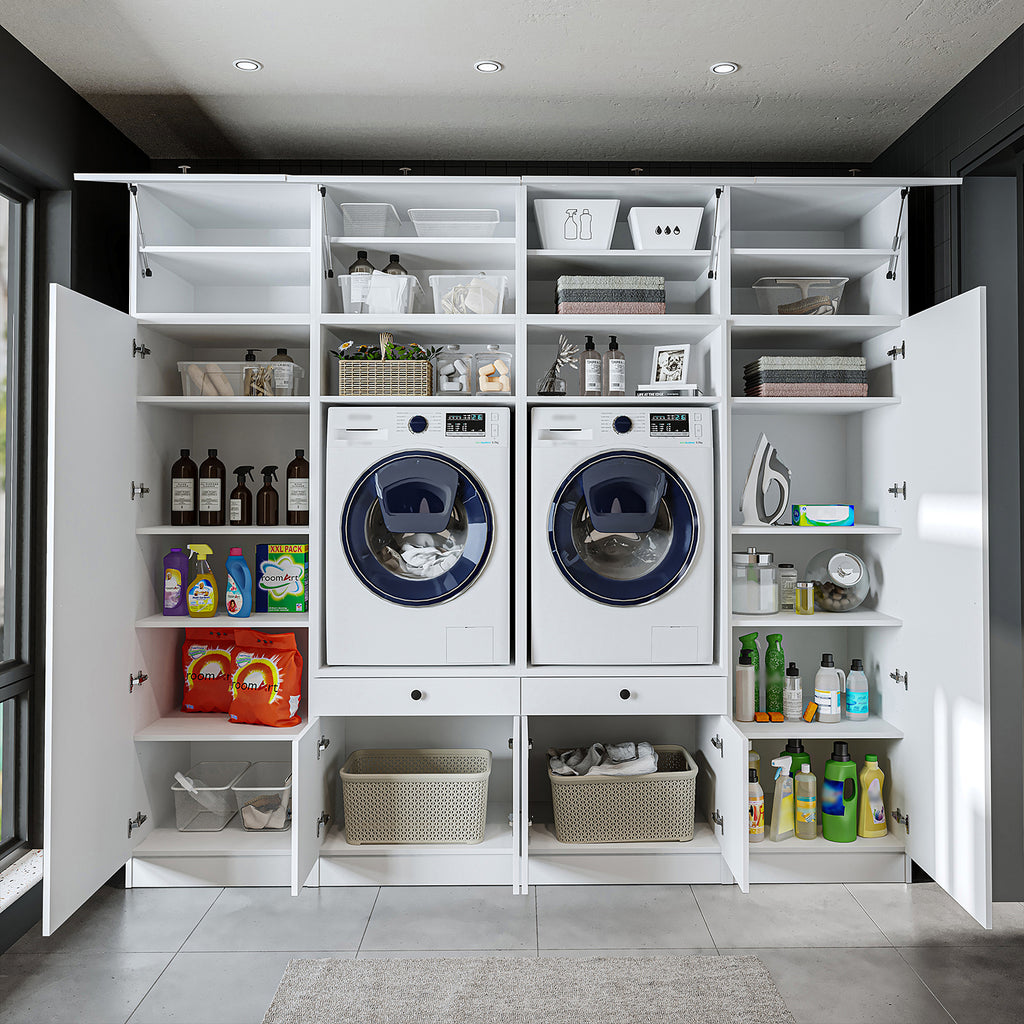 Roomart mueble de pared para lavadero - 254 cm de ancho - con estante extraíble - en - blanco - roble - roble negro - mueble de baño, lavabo, mueble de baño, mueble de baño, baño, con, mueble de baño, mueble de baño, conjunto, lavabo, mueble, ba