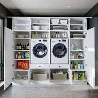 Roomart mueble de pared para lavadero - 254 cm de ancho - con estante extraíble - en - blanco - roble - roble negro - mueble de baño, lavabo, mueble de baño, mueble de baño, baño, con, mueble de baño, mueble de baño, conjunto, lavabo, mueble, ba