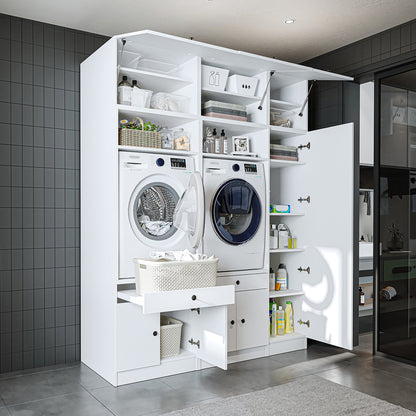Roomart Waschmaschinenschrank SERIE 3 – 179 cm breit, 2× Waschmaschine nebeneinander mit Klappschrank, Ausziehbrett & Hochschrank – Waschküche & Hauswirtschaftsraum – Eiche / Schwarz-Eiche / Weiß