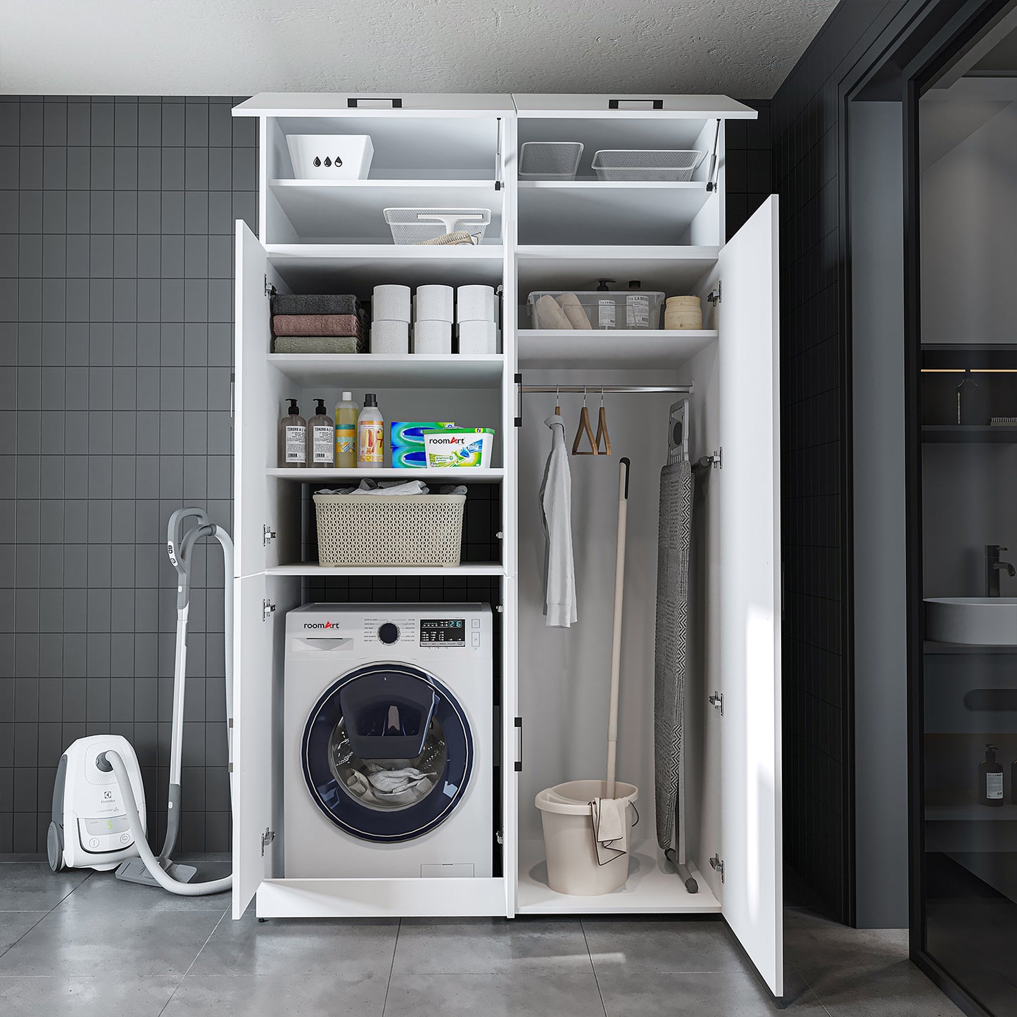 Roomart Waschmaschinenschrank „DORA 130 cm Breit“ für Waschmaschine & Trockner mit Regalböden, in 5 Farben • Weiß • Weiß Eiche • Anthrazit Eiche • Eiche • Schwarz Eiche (Kopie)