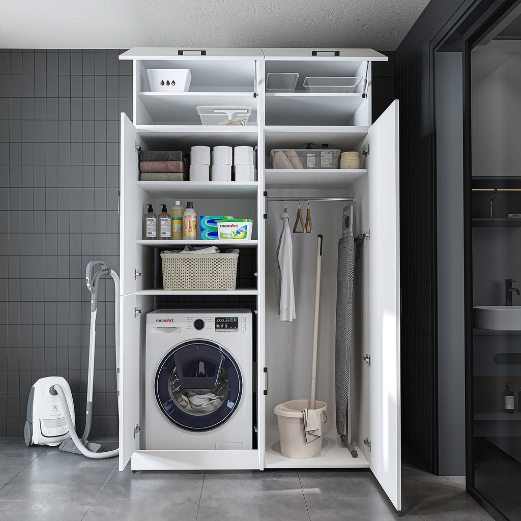 Roomart Waschmaschinenschrank „DORA 130 cm Breit“ für Waschmaschine & Trockner mit Regalböden, in 5 Farben • Weiß • Weiß Eiche • Anthrazit Eiche • Eiche • Schwarz Eiche (Kopie)