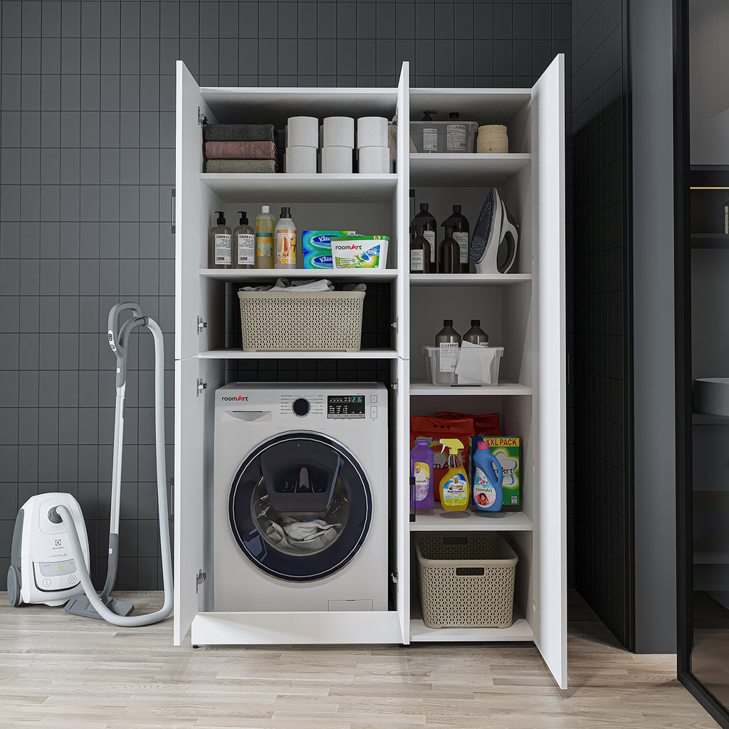 Roomart Waschmaschinenschrank „DORA 115 cm Breit“ für Waschmaschine & Trockner mit Regalböden, in 5 Farben • Weiß • Weiß Eiche • Anthrazit Eiche • Eiche • Schwarz Eiche