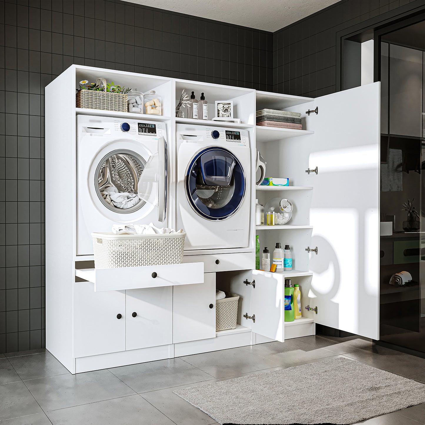 Roomart Waschmaschinenschrank SERIE 3 – 194 cm breit, 2× Waschmaschine nebeneinander mit Ausziehbrett & Hochschrank – Waschküche & Hauswirtschaftsraum – Eiche / Schwarz-Eiche / Weiß