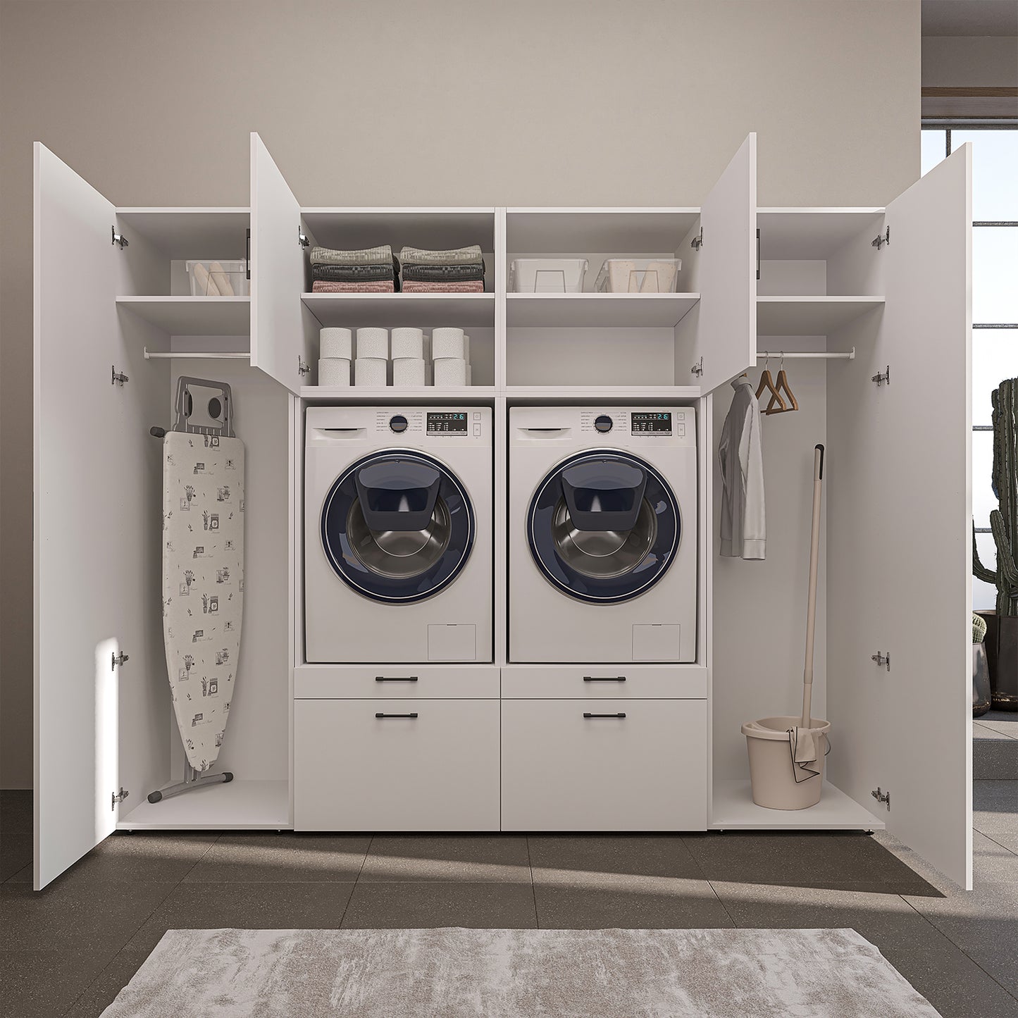 Roomart Waschmaschinenschrank SERIE-III Schrankwand 254 cm – 2 Geräte, Soft-Close | 3 Farben