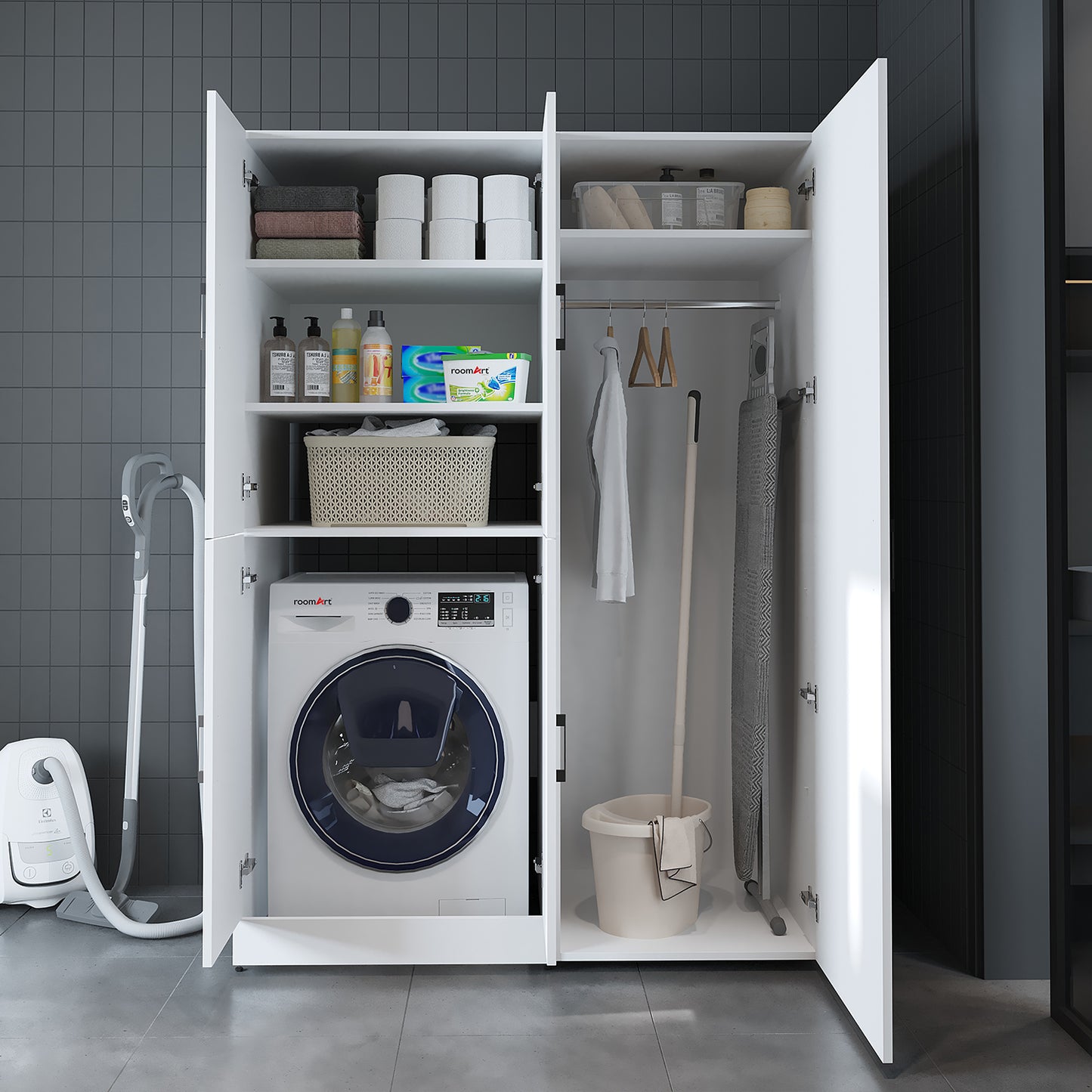 Roomart Waschmaschinenschrank „DORA 130 cm Breit“ für Waschmaschine & Trockner mit Regalböden, in 5 Farben • Weiß • Weiß Eiche • Anthrazit Eiche • Eiche • Schwarz Eiche (Kopie)