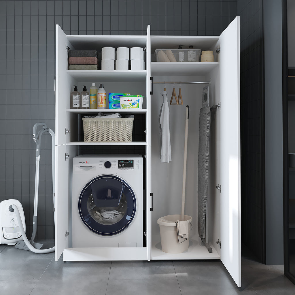 Roomart Waschmaschinenschrank „DORA 130 cm Breit“ für Waschmaschine & Trockner mit Regalböden, in 5 Farben • Weiß • Weiß Eiche • Anthrazit Eiche • Eiche • Schwarz Eiche (Kopie)