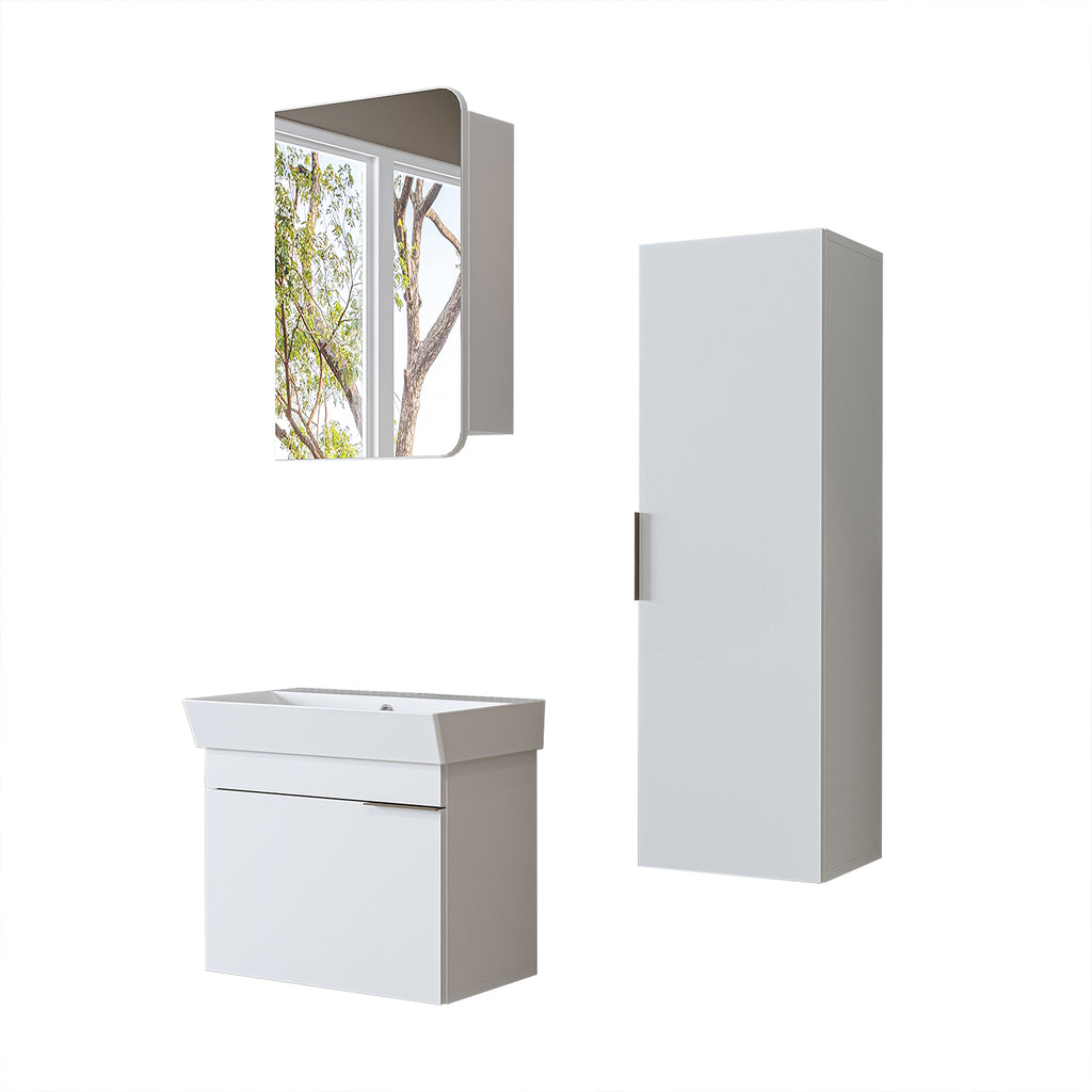 Roomart Badmöbel Set LYCIA 60 cm – 4-teiliges Badezimmermöbel-Set mit Keramik-Waschbecken, Spiegelschrank & Seitenschrank – Badmöbel in 4 Farben