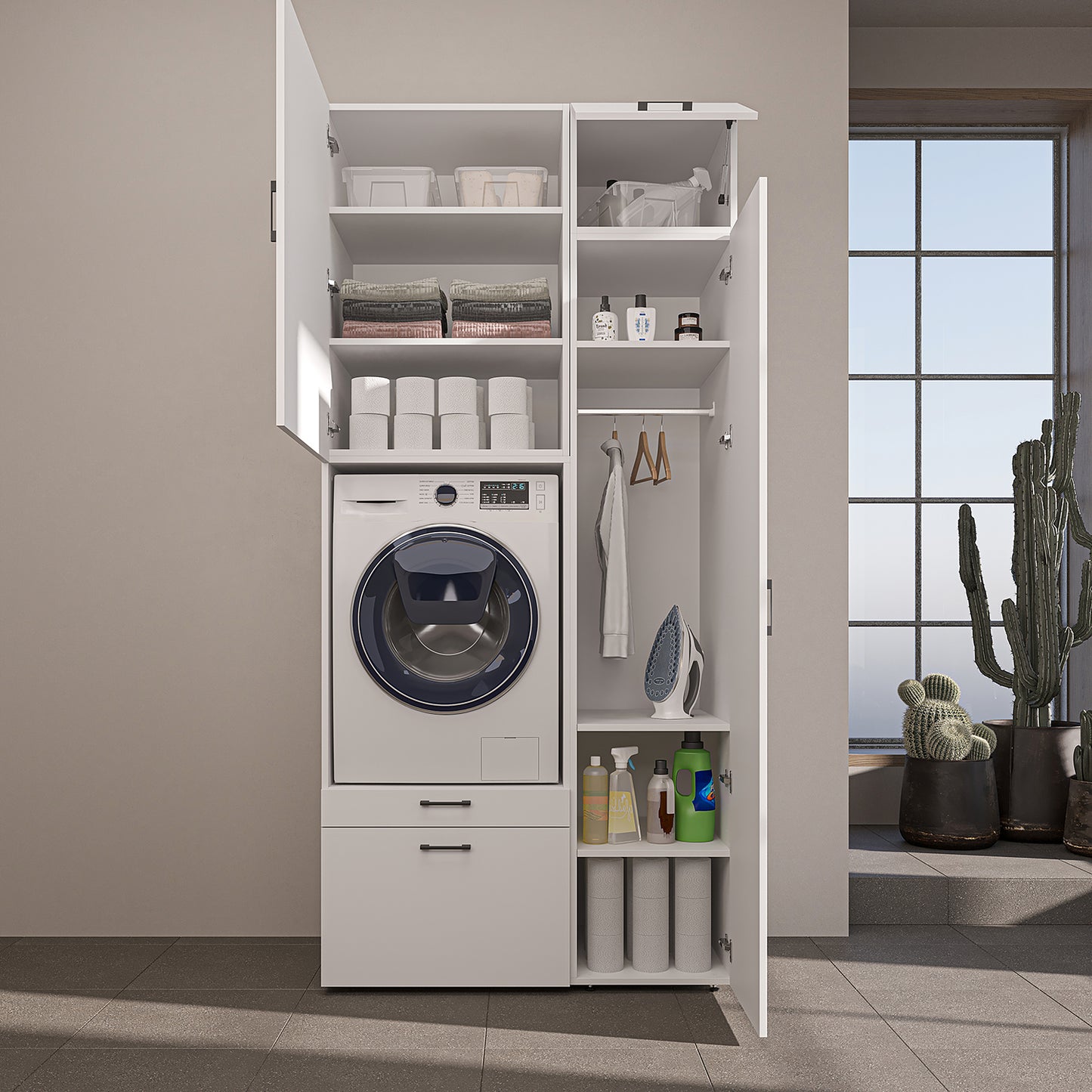 Roomart Waschmaschinenschrank mit Ausziehbrett, 112 cm breit - SERIE 2  – Waschmaschinenüberbau für Waschmaschine & Trockner, Waschturm-Schrank mit Stauraum für Bad & Waschküche