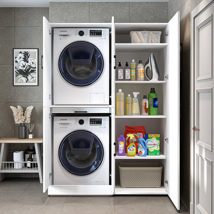 Roomart Waschmaschinenschrank " DORA SET" für Trockner & Waschmaschine, 130 cm breit,  in 4 Farben, mit Türen & Ausziehbrett • Weiß • Weiß Eiche • Anthrazit Eiche • Eiche