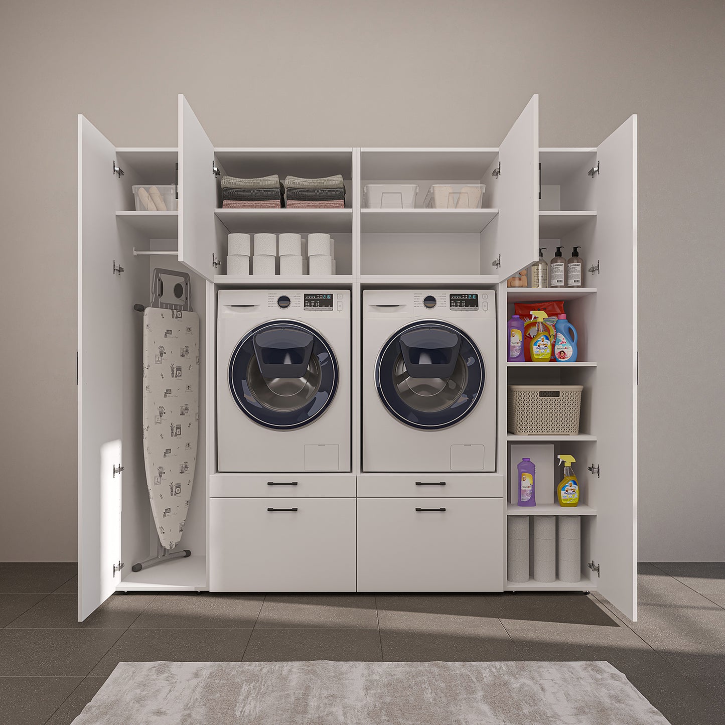 Roomart Waschmaschinenschrank 224 cm – 2 Geräte nebeneinander & Hochschrank | in 3 Farben
