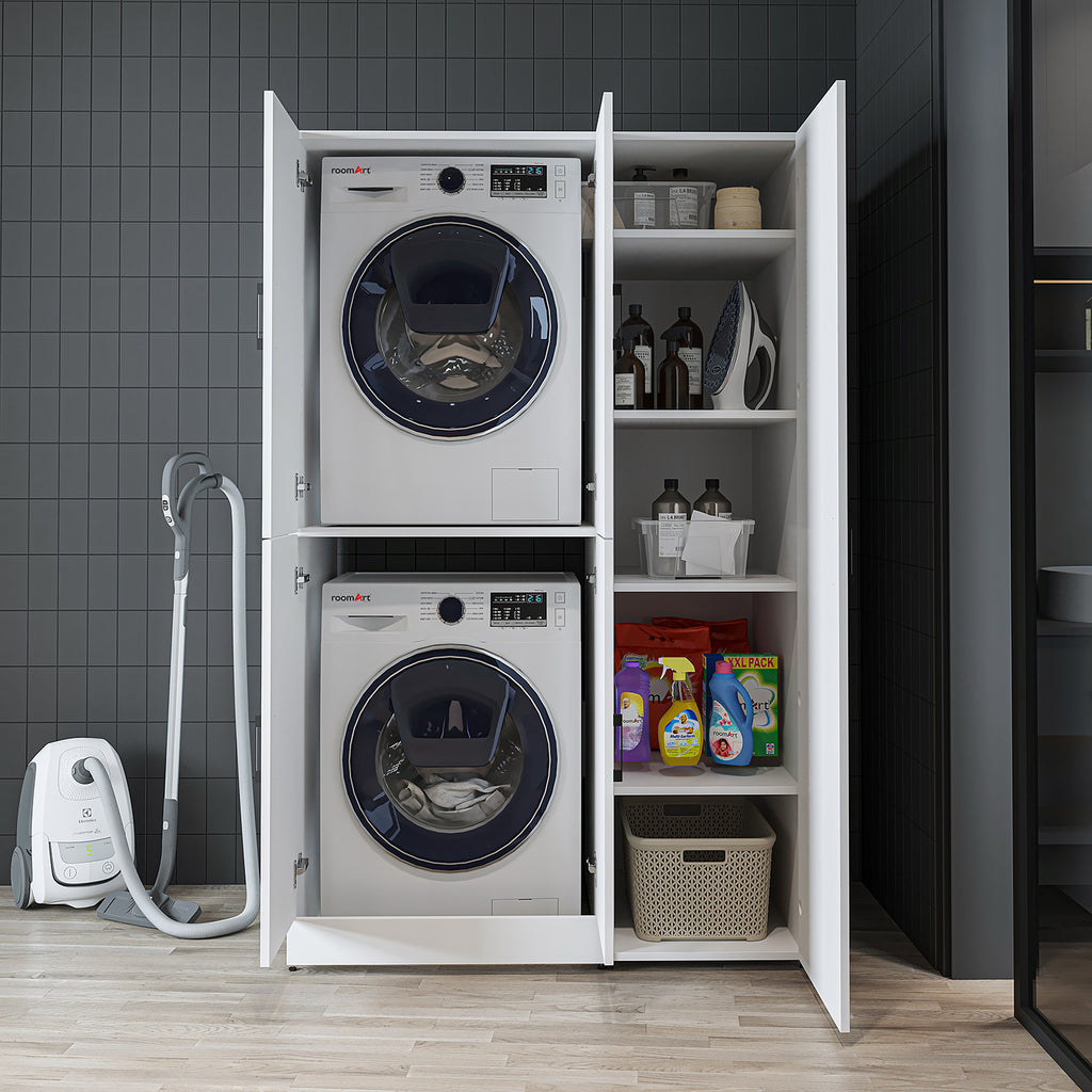 Roomart Waschmaschinenschrank „DORA 115 cm Breit“ für Waschmaschine & Trockner mit Regalböden, in 5 Farben • Weiß • Weiß Eiche • Anthrazit Eiche • Eiche • Schwarz Eiche