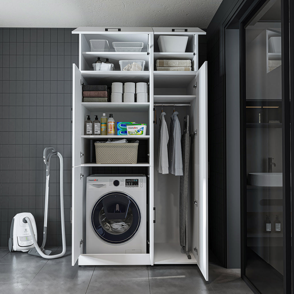 Roomart Waschmaschinenschrank „DORA 115 cm Breit“ für Waschmaschine & Trockner mit Regalböden, in 5 Farben • Weiß • Weiß Eiche • Anthrazit Eiche • Eiche • Schwarz Eiche