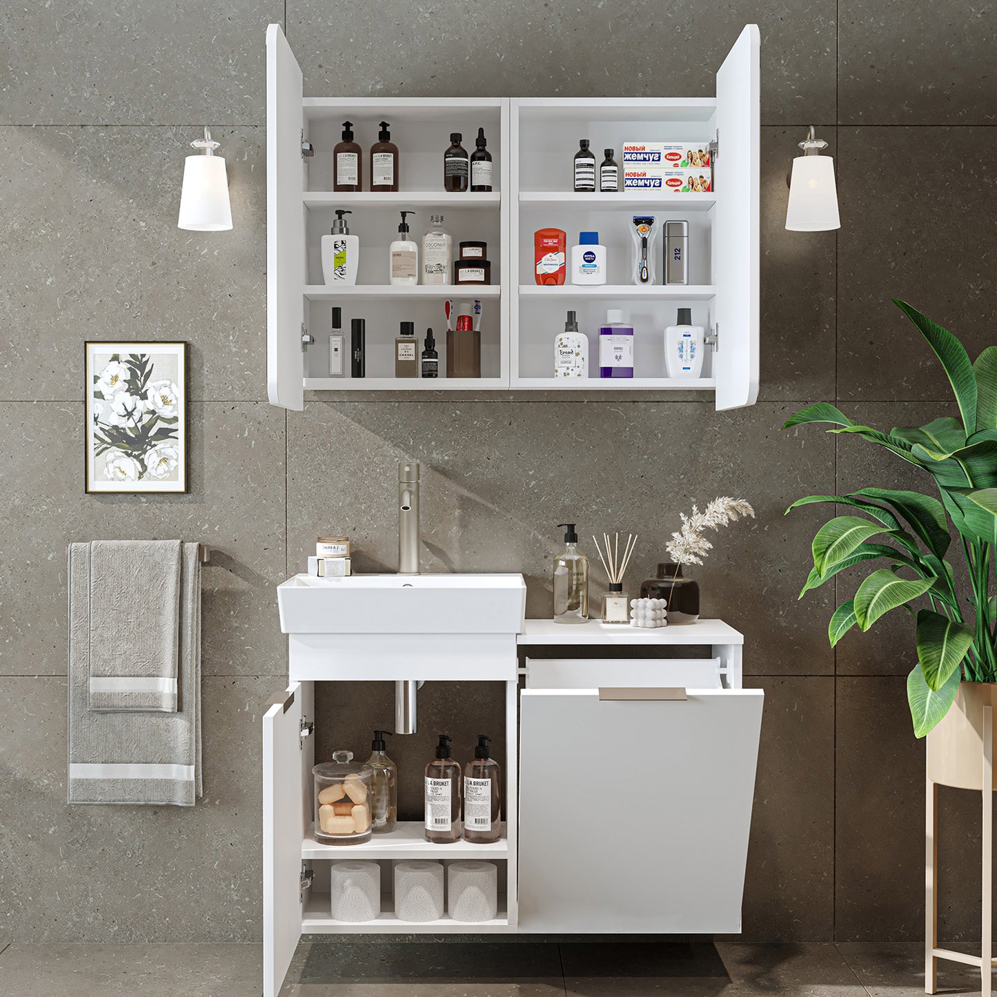 Roomart 2-teiliges Badmöbel-Set LYCIA, 49 cm, Waschtisch mit Spiegelschrank, in 4 Farben