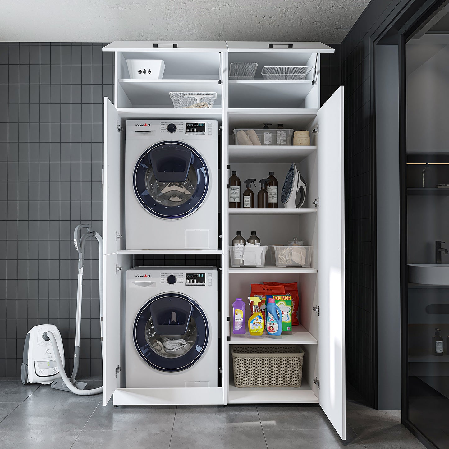 Roomart Waschmaschinenschrank „DORA 130 cm Breit“ für Waschmaschine & Trockner mit Regalböden, in 5 Farben • Weiß • Weiß Eiche • Anthrazit Eiche • Eiche • Schwarz Eiche (Kopie)