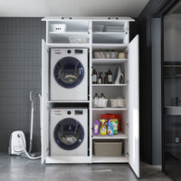 Roomart Waschmaschinenschrank „DORA 130 cm Breit“ für Waschmaschine & Trockner mit Regalböden, in 5 Farben • Weiß • Weiß Eiche • Anthrazit Eiche • Eiche • Schwarz Eiche (Kopie)