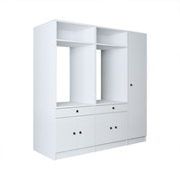 Roomart Waschmaschinenschrank Doppelschrank SERIE 3 – 179 cm breit, 2× Waschmaschine nebeneinander mit Ausziehbrett & Hochschrank – Waschküche & Hauswirtschaftsraum – Eiche / Schwarz-Eiche / Weiß