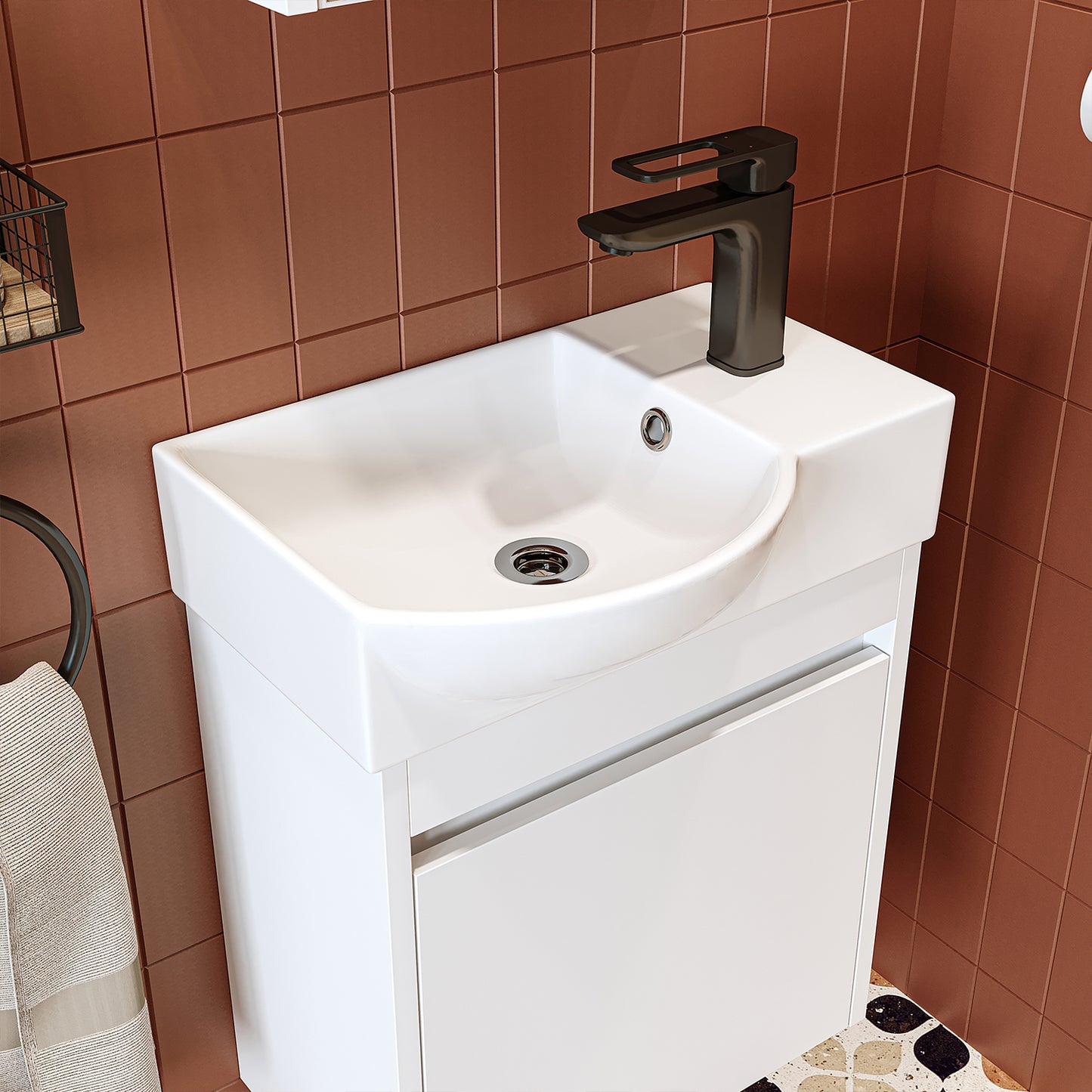 Roomart Waschtischunterschrank LEO mit Keramik-Waschbecken – Gäste-WC Badmöbel – Wasserhahn rechts