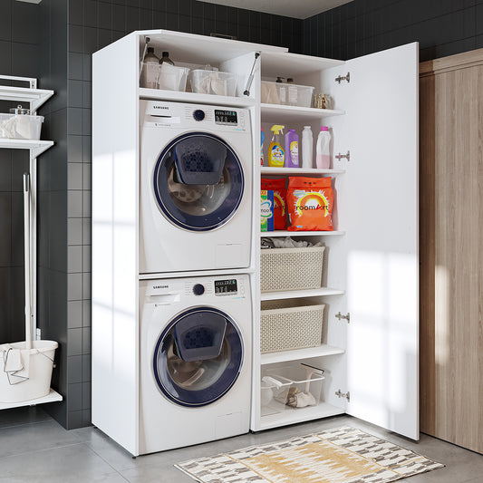 Roomart DUO Waschmaschinenschrank Trockner auf Waschmaschine • 127 cm breit • Weiß, Eiche Waschmaschinenschrank - waschmaschinenschrank, waschmaschinenregal, waschturm, schrank, weiß, waschmaschinen, unterschrank, waschmaschine, trockner, haushaltsschrank