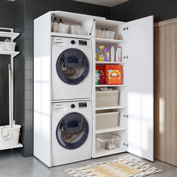 Roomart DUO Waschmaschinenschrank Trockner auf Waschmaschine • 127 cm breit • Weiß, Eiche Waschmaschinenschrank