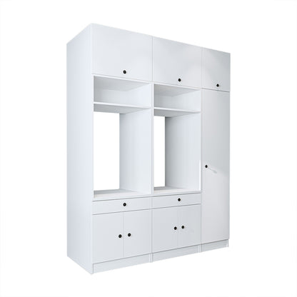 Roomart Waschmaschinenschrank SERIE 3 – 179 cm breit, 2× Waschmaschine nebeneinander mit Klappschrank, Ausziehbrett & Hochschrank – Waschküche & Hauswirtschaftsraum – Eiche / Schwarz-Eiche / Weiß