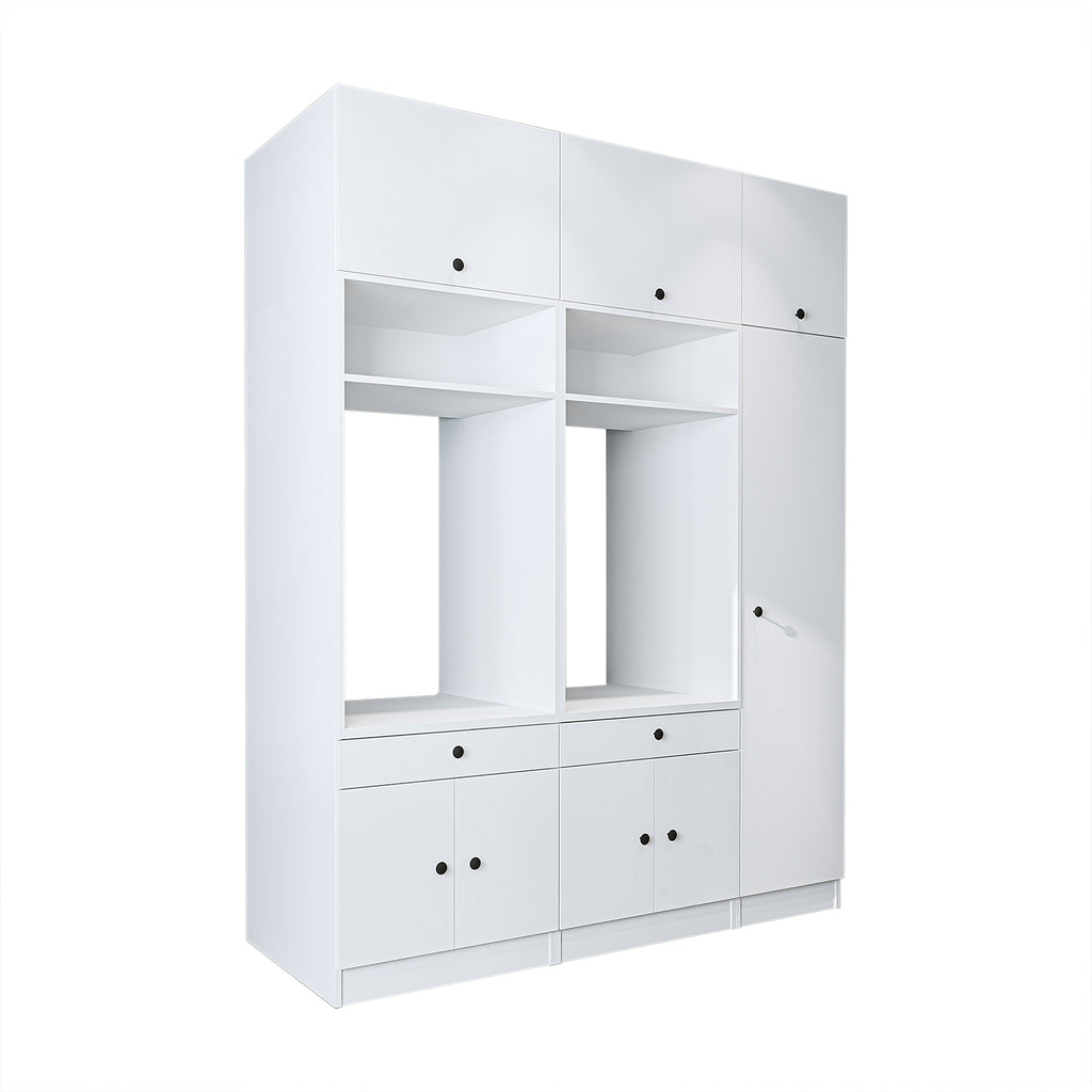 Roomart Waschmaschinenschrank SERIE 3 – 179 cm breit, 2× Waschmaschine nebeneinander mit Klappschrank, Ausziehbrett & Hochschrank – Waschküche & Hauswirtschaftsraum – Eiche / Schwarz-Eiche / Weiß