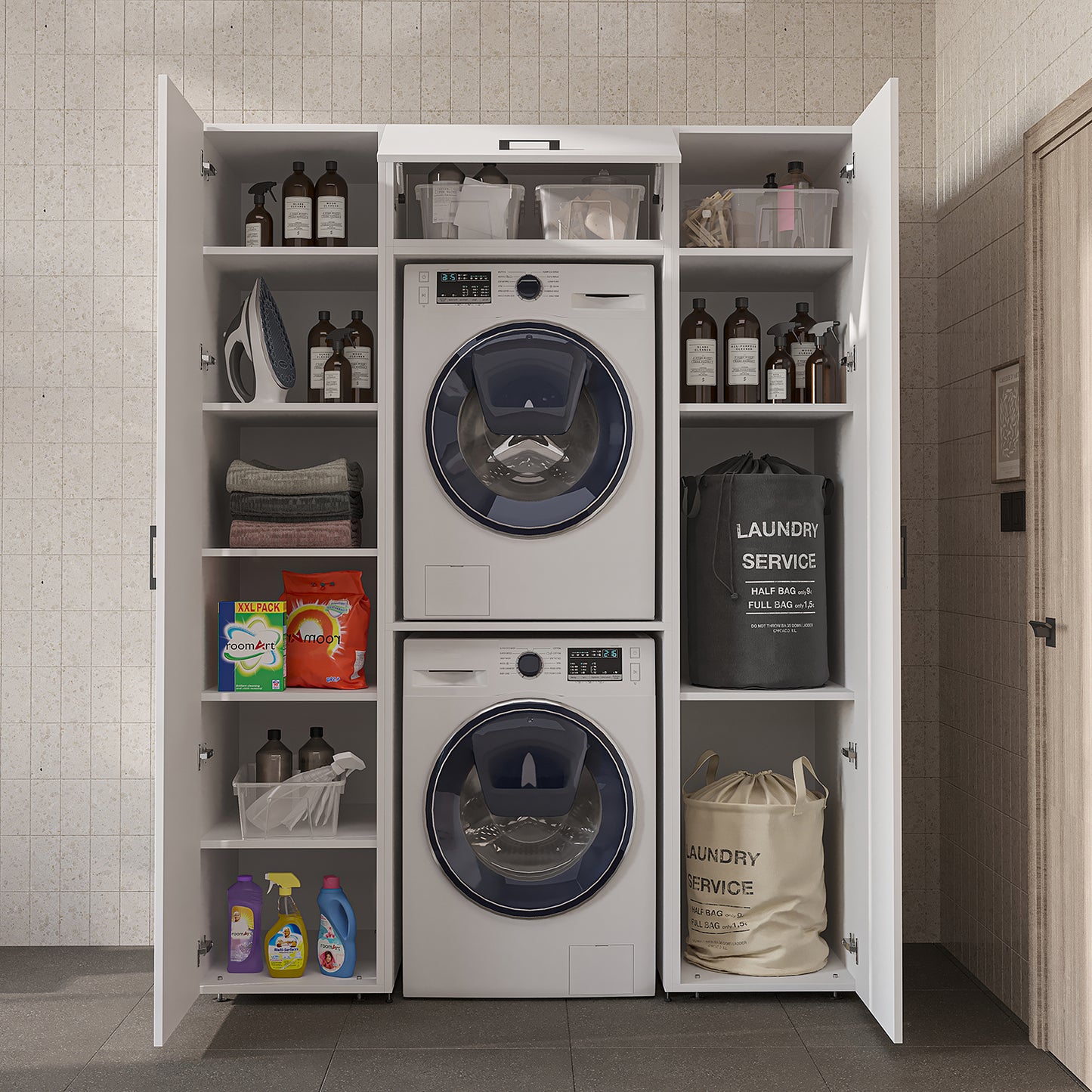 Roomart DUO-I Schrankwand 157 cm – Waschmaschine & Trockner übereinander, Hochschrank | in 2 Farben