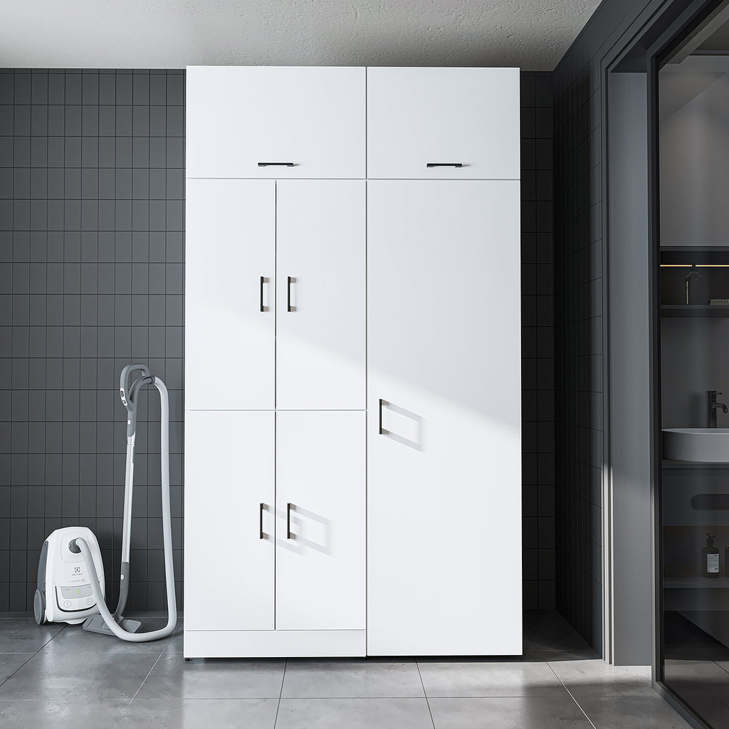 Roomart Waschmaschinenschrank „DORA 130 cm Breit“ für Waschmaschine & Trockner mit Regalböden, in 5 Farben • Weiß • Weiß Eiche • Anthrazit Eiche • Eiche • Schwarz Eiche (Kopie)