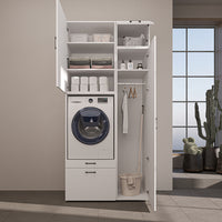 Roomart Waschmaschinenschrank mit Ausziehbrett, 112 cm breit - SERIE 2  – Waschmaschinenüberbau für Waschmaschine & Trockner, Waschturm-Schrank mit Stauraum für Bad & Waschküche