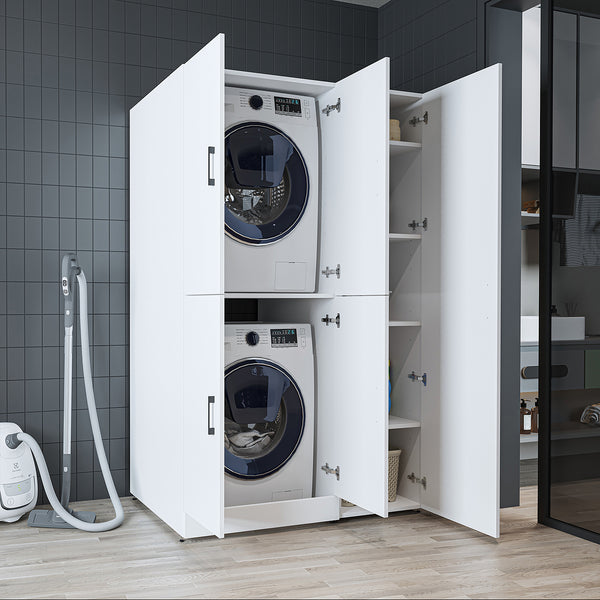 Roomart Waschmaschinenschrank - SERIE DORA-2- 115 cm breit – Waschturm für Waschmaschine & Trockner mit Regalböden – Überbauschrank für Waschküche & Hauswirtschaftsraum – in 5 Farben (Weiß, Weiß-Eiche, Anthrazit-Eiche, Eiche, Schwarz-Eiche)