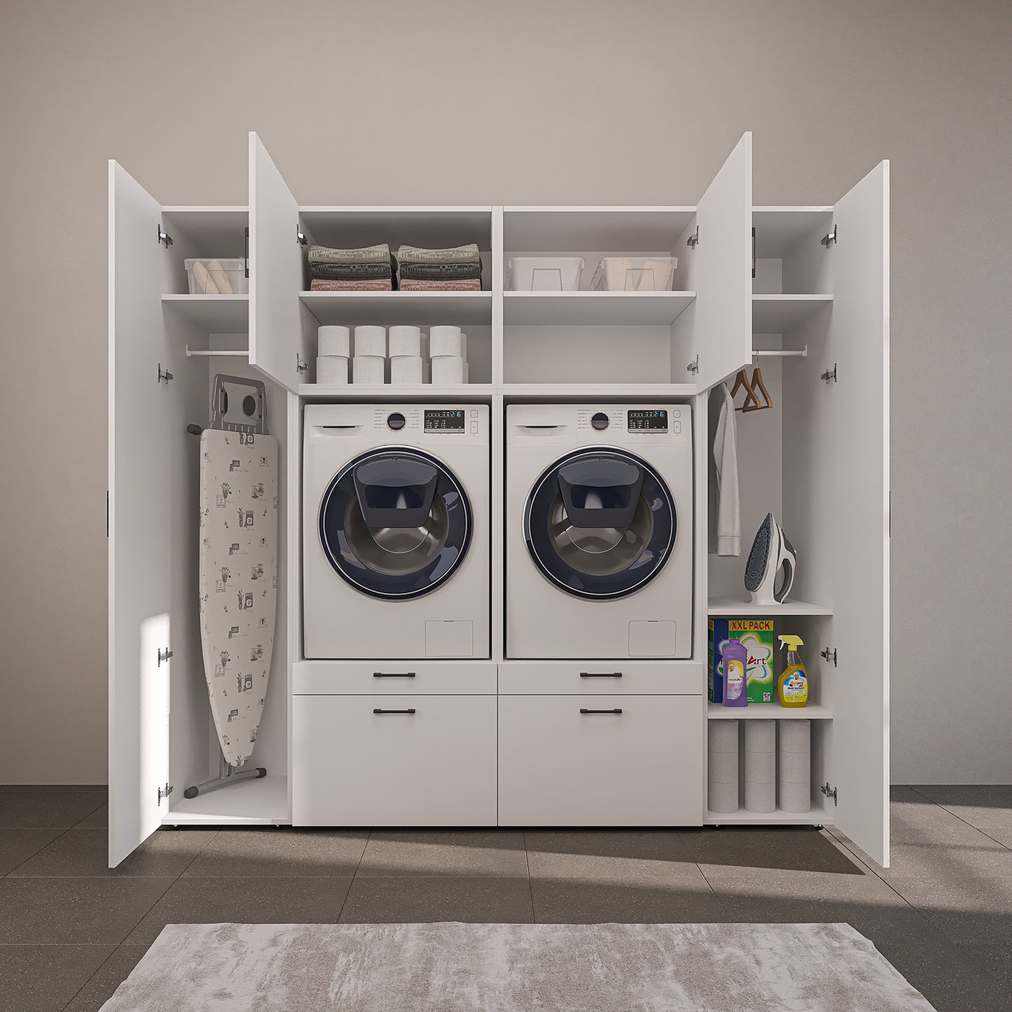 Roomart Waschmaschinenschrank 224 cm – 2 Geräte nebeneinander & Hochschrank | in 3 Farben