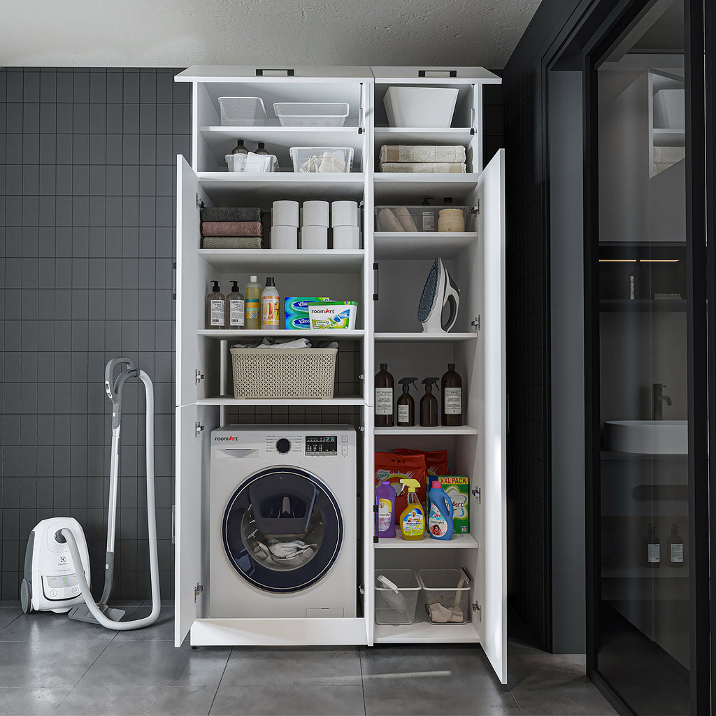 Roomart Waschmaschinenschrank „DORA 115 cm Breit“ für Waschmaschine & Trockner mit Regalböden, in 5 Farben • Weiß • Weiß Eiche • Anthrazit Eiche • Eiche • Schwarz Eiche