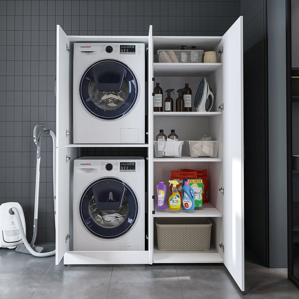 Roomart Waschmaschinenschrank „DORA 130 cm Breit“ für Waschmaschine & Trockner mit Regalböden, in 5 Farben • Weiß • Weiß Eiche • Anthrazit Eiche • Eiche • Schwarz Eiche (Kopie)