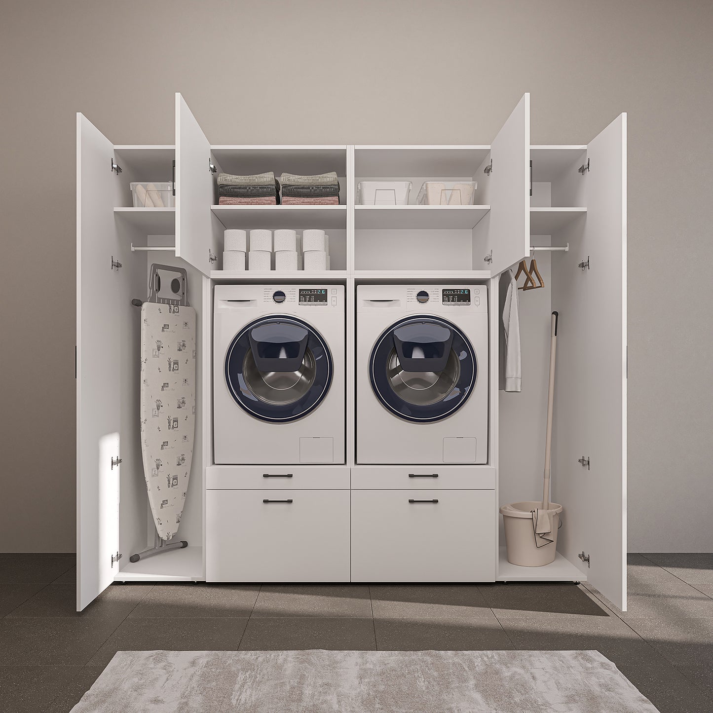 Roomart Waschmaschinenschrank 224 cm – 2 Geräte nebeneinander & Hochschrank | in 3 Farben