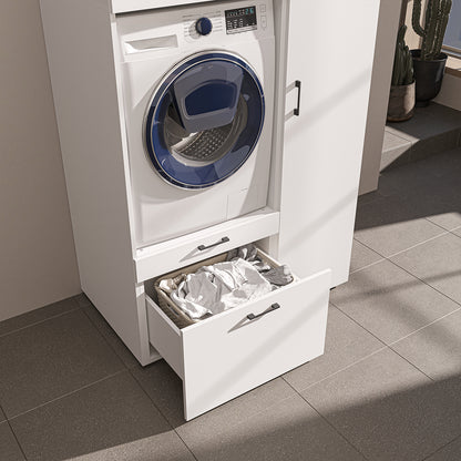 Roomart Waschmaschinenschrank mit Ausziehbrett, 112 cm breit - SERIE 2  – Waschmaschinenüberbau für Waschmaschine & Trockner, Waschturm-Schrank mit Stauraum für Bad & Waschküche