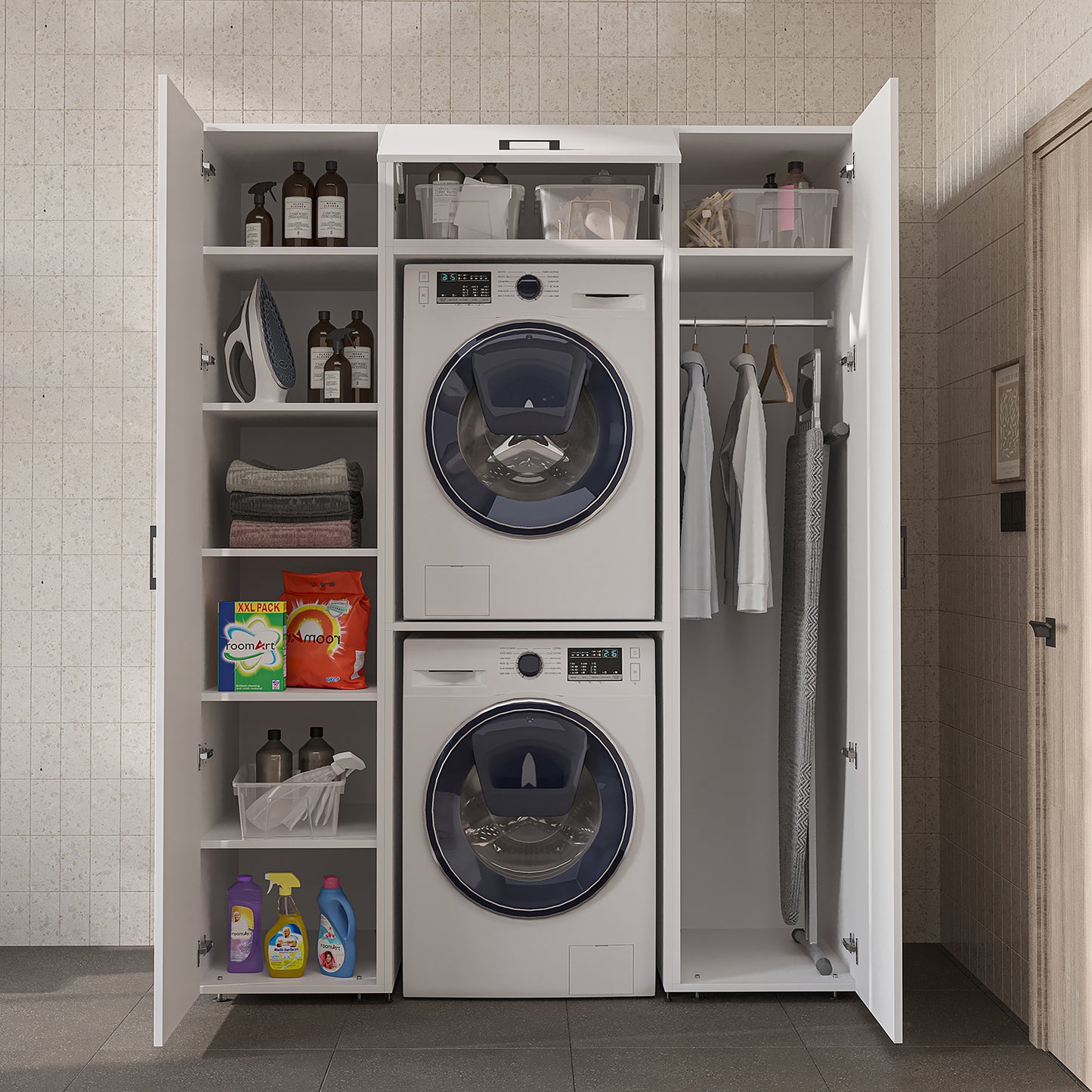 Roomart DUO-I Schrankwand 157 cm – Waschmaschine & Trockner übereinander, Hochschrank | in 2 Farben