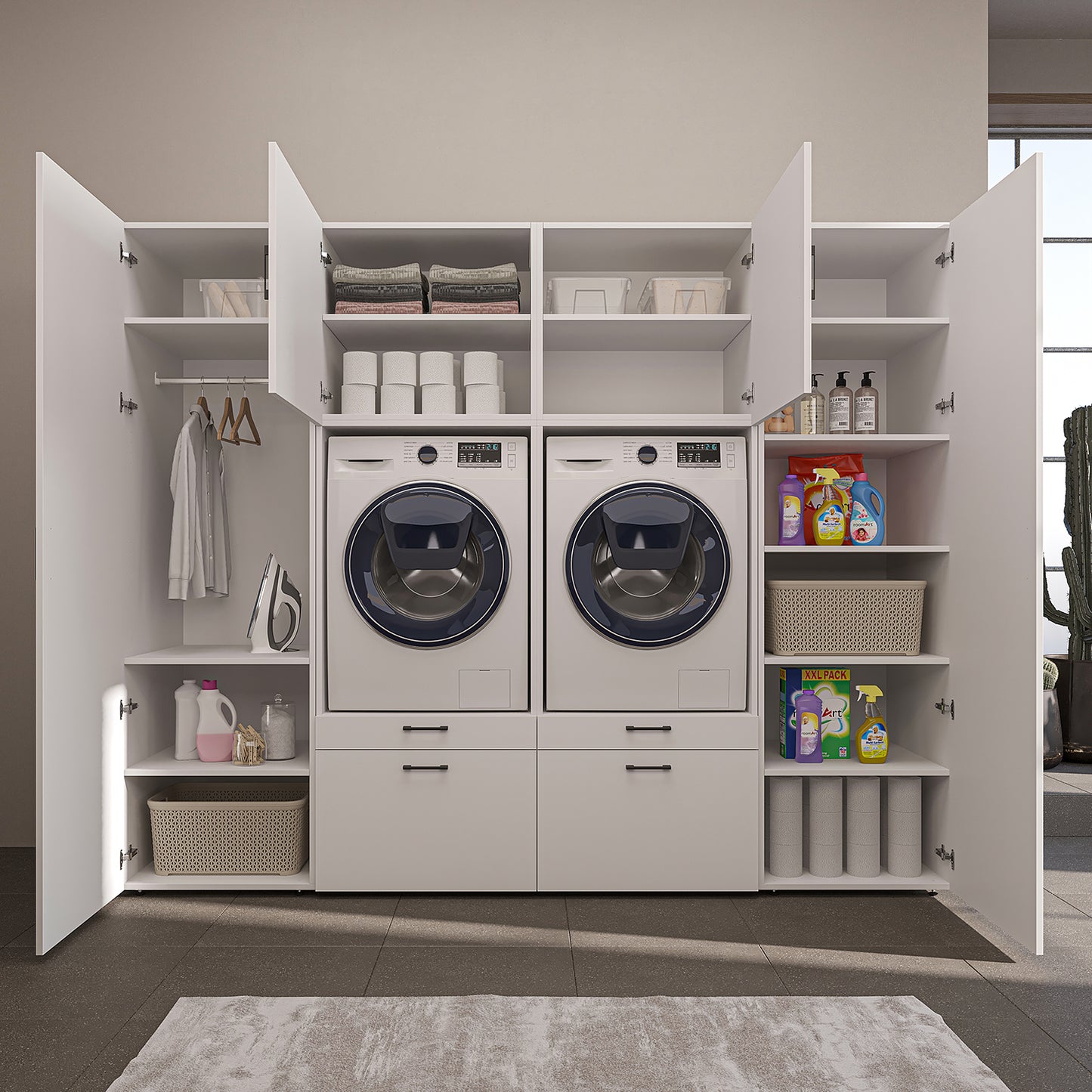 Roomart Waschmaschinenschrank SERIE-III Schrankwand 254 cm – 2 Geräte, Soft-Close | 3 Farben