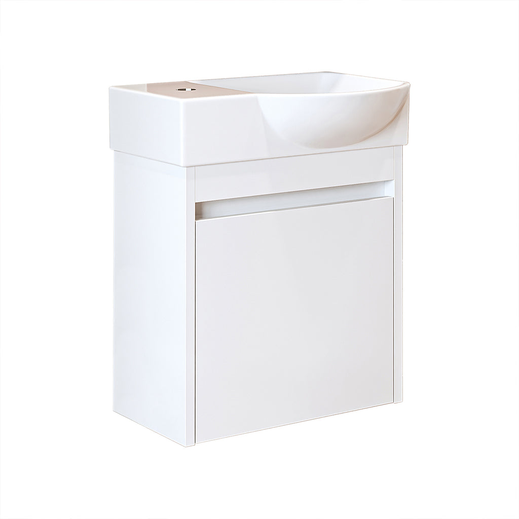 Roomart Waschtischunterschrank LEO mit Keramik-Waschbecken – Gäste-WC Badmöbel – Wasserhahn links