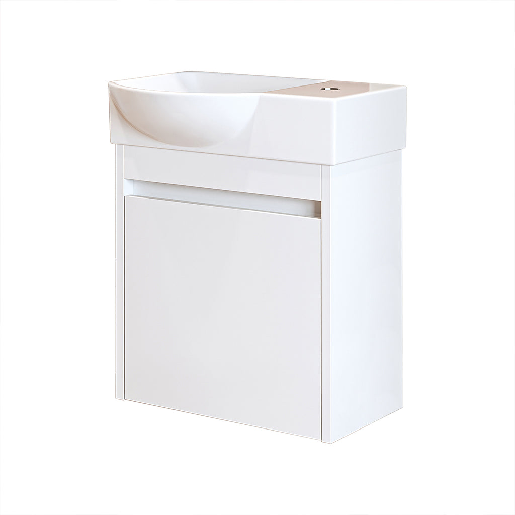Roomart Waschtischunterschrank LEO mit Keramik-Waschbecken – Gäste-WC Badmöbel – Wasserhahn rechts