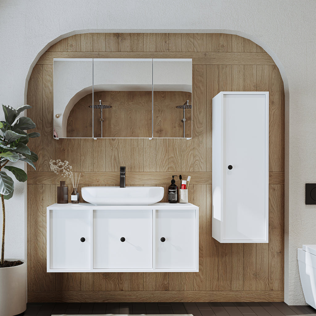 Roomart Badezimmermöbel Set GUSTO 105 cm – 4-teiliges Badmöbel-Set mit Keramik-Waschbecken, Spiegelschrank & Hochschrank – Moderne Badmöbel