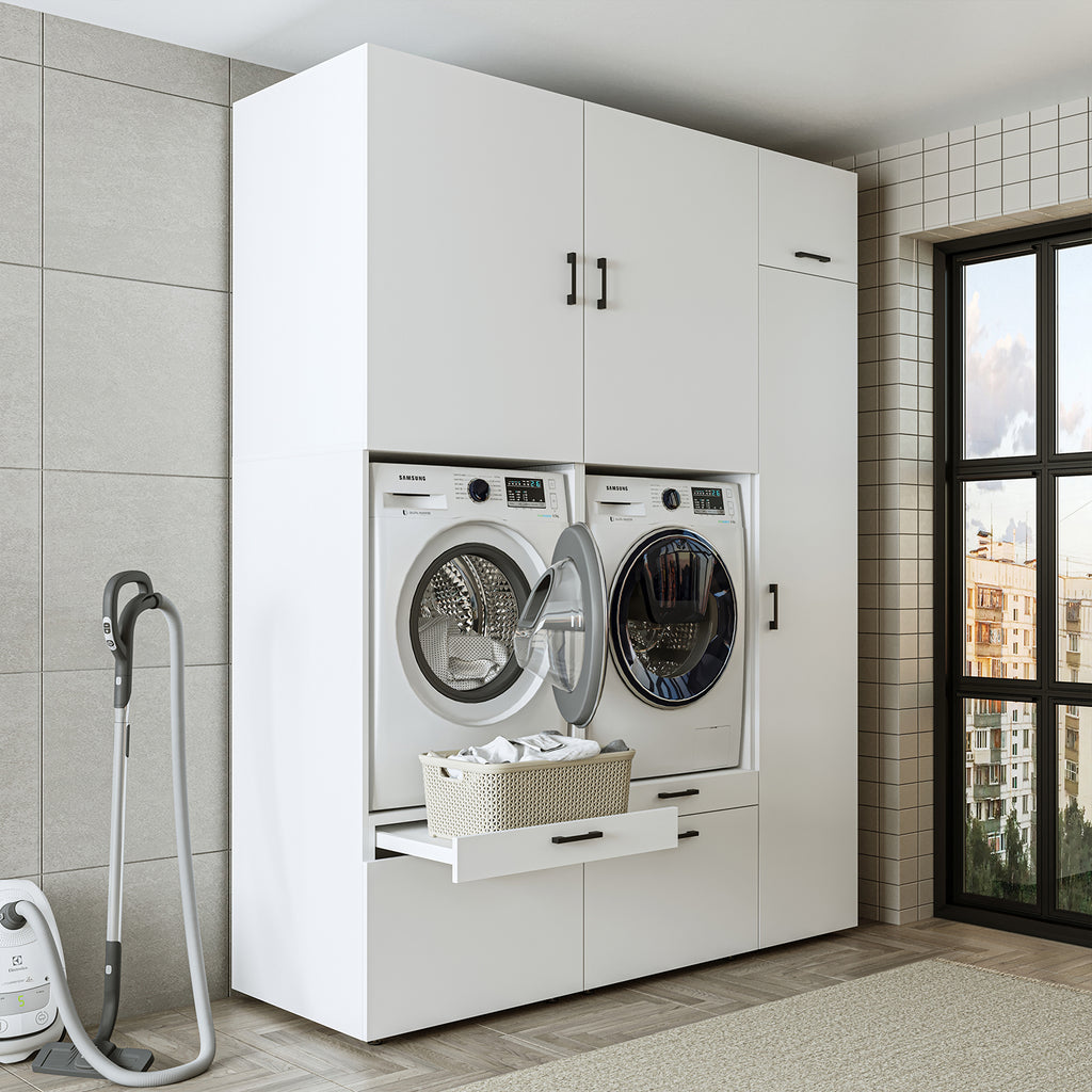 Roomart Waschmaschinenschrank Doppelschrank – SERIE 2 – Überbauschrank für Waschküche & Hauswirtschaftsraum – mit Ausziehbrett & Schubladen – in 3 Farben