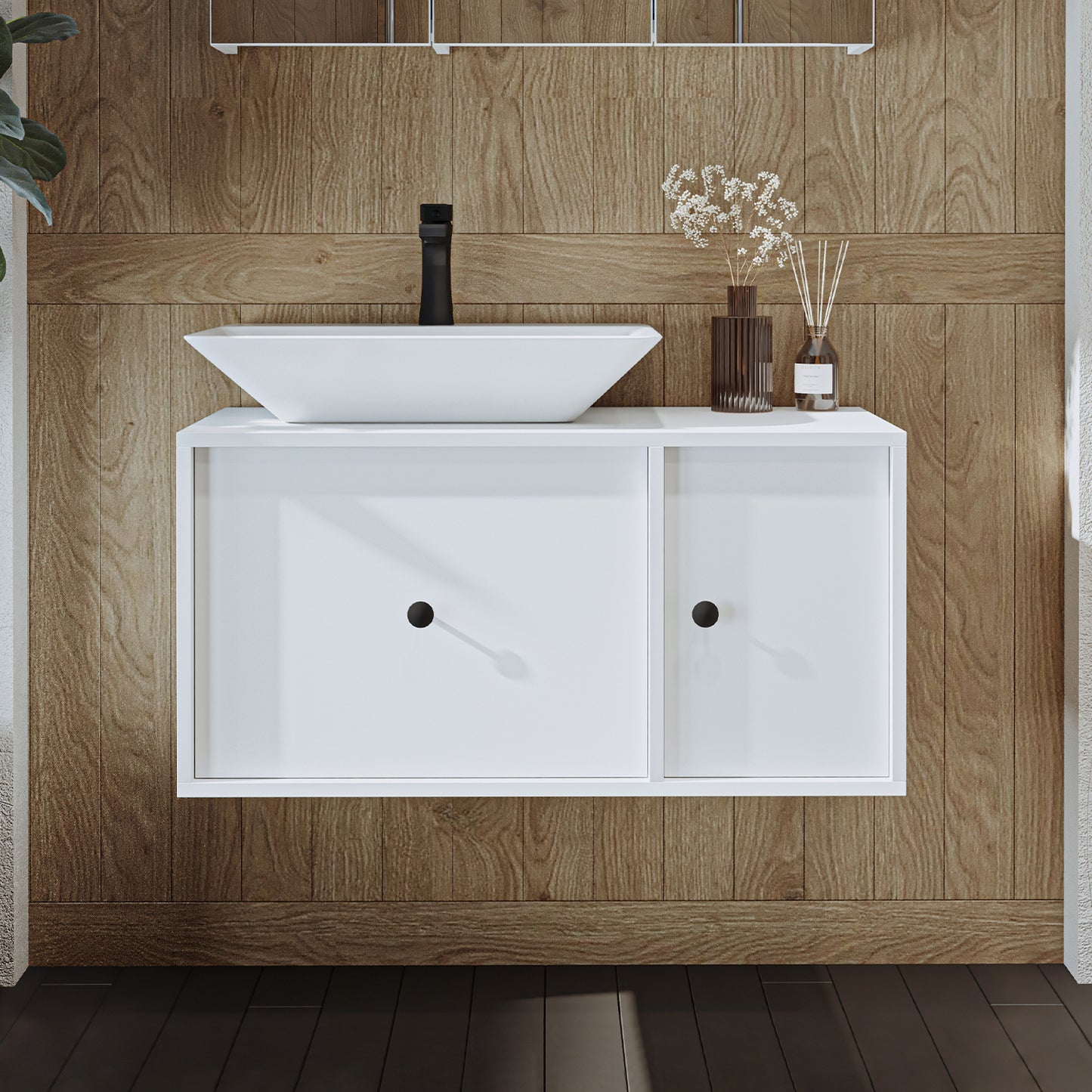 Roomart Badezimmermöbel GUSTO-ATL 90 cm – Keramik Waschbecken &/oder Unterschrank – Modernes Design – Varianten wählbar – Eiche oder Weiß