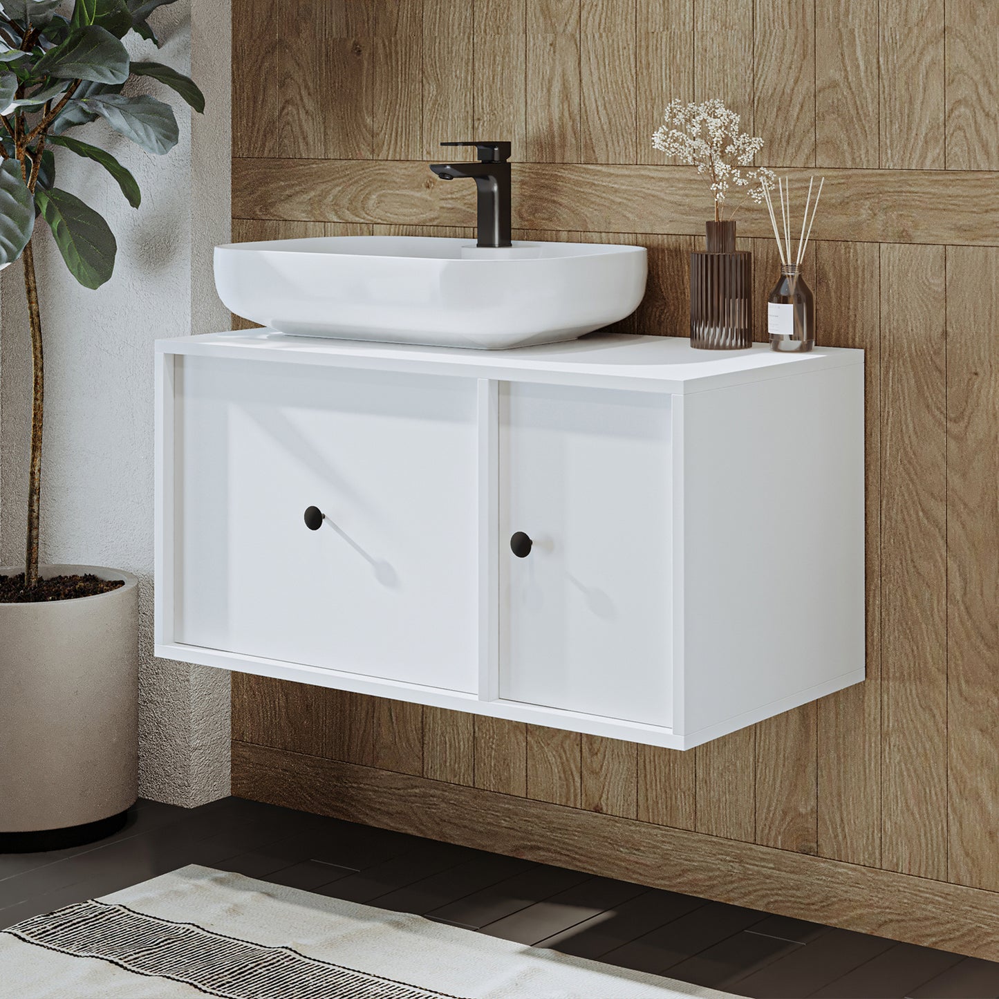 Roomart Badezimmermöbel GUSTO 90 cm – Keramik Waschbecken &/oder Unterschrank – Modernes Design – Varianten wählbar – Eiche oder Weiß