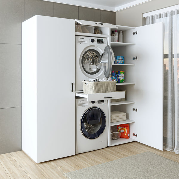 Roomart Schrankwand Waschküche – SERIE DUO-I-  187 cm breit, Trockner auf Waschmaschine (Waschturm) – 187 cm breit – Waschmaschinenschrank mit Stauraum – Weiß / Schwarz-Eiche