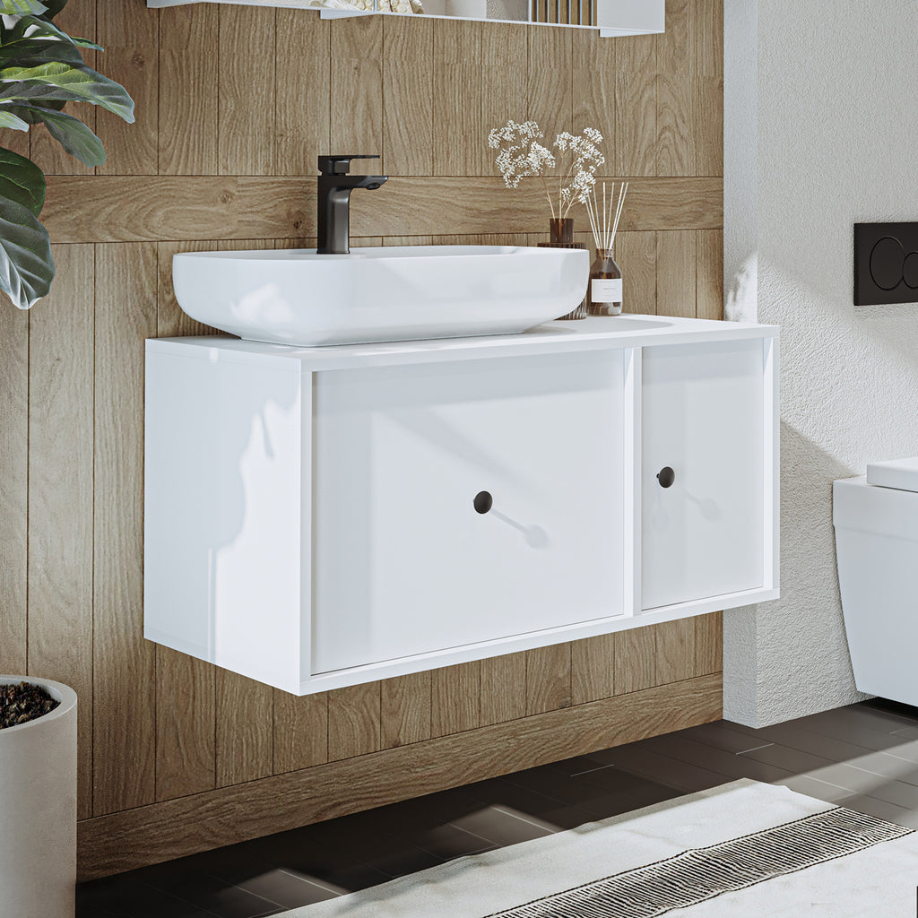 Roomart Badezimmermöbel GUSTO 90 cm – Keramik Waschbecken &/oder Unterschrank – Modernes Design – Varianten wählbar – Eiche oder Weiß - badezimmerschrank, waschbecken, badezimmermöbel, badschrank, badezimmer, mit, unterschrank, badmöbel, set, waschtisch, 