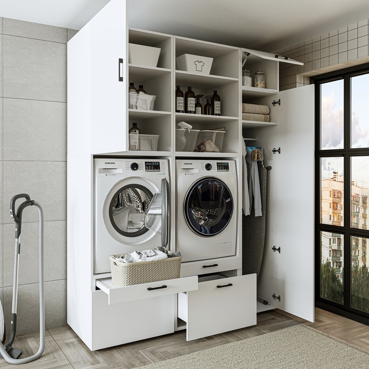 Roomart Waschmaschinenschrank Doppelschrank – SERIE 2 – Überbauschrank für Waschküche & Hauswirtschaftsraum – mit Ausziehbrett & Schubladen – in 3 Farben