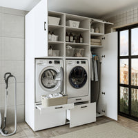 Roomart Waschmaschinenschrank Doppelschrank – SERIE 2 – Überbauschrank für Waschküche & Hauswirtschaftsraum – mit Ausziehbrett & Schubladen – in 3 Farben