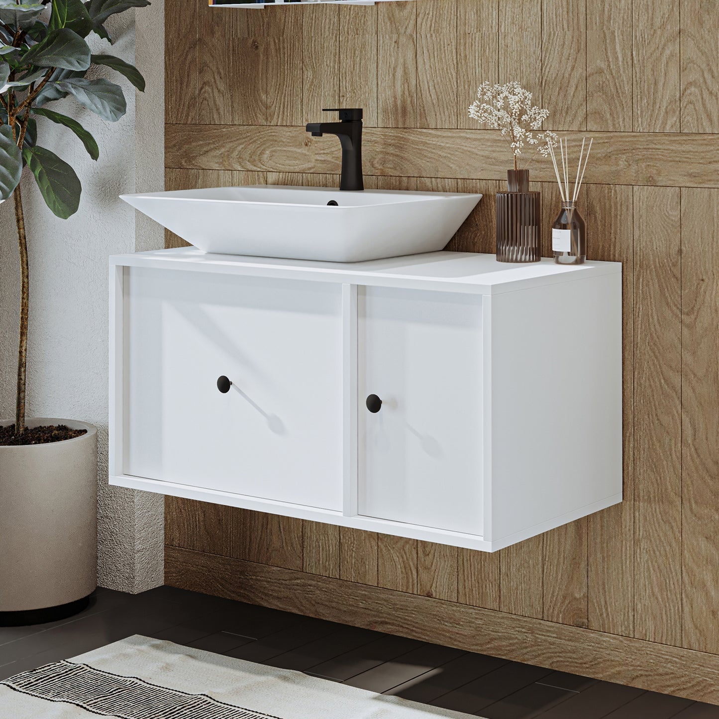 Roomart Badezimmermöbel GUSTO-ATL 90 cm – Keramik Waschbecken &/oder Unterschrank – Modernes Design – Varianten wählbar – Eiche oder Weiß