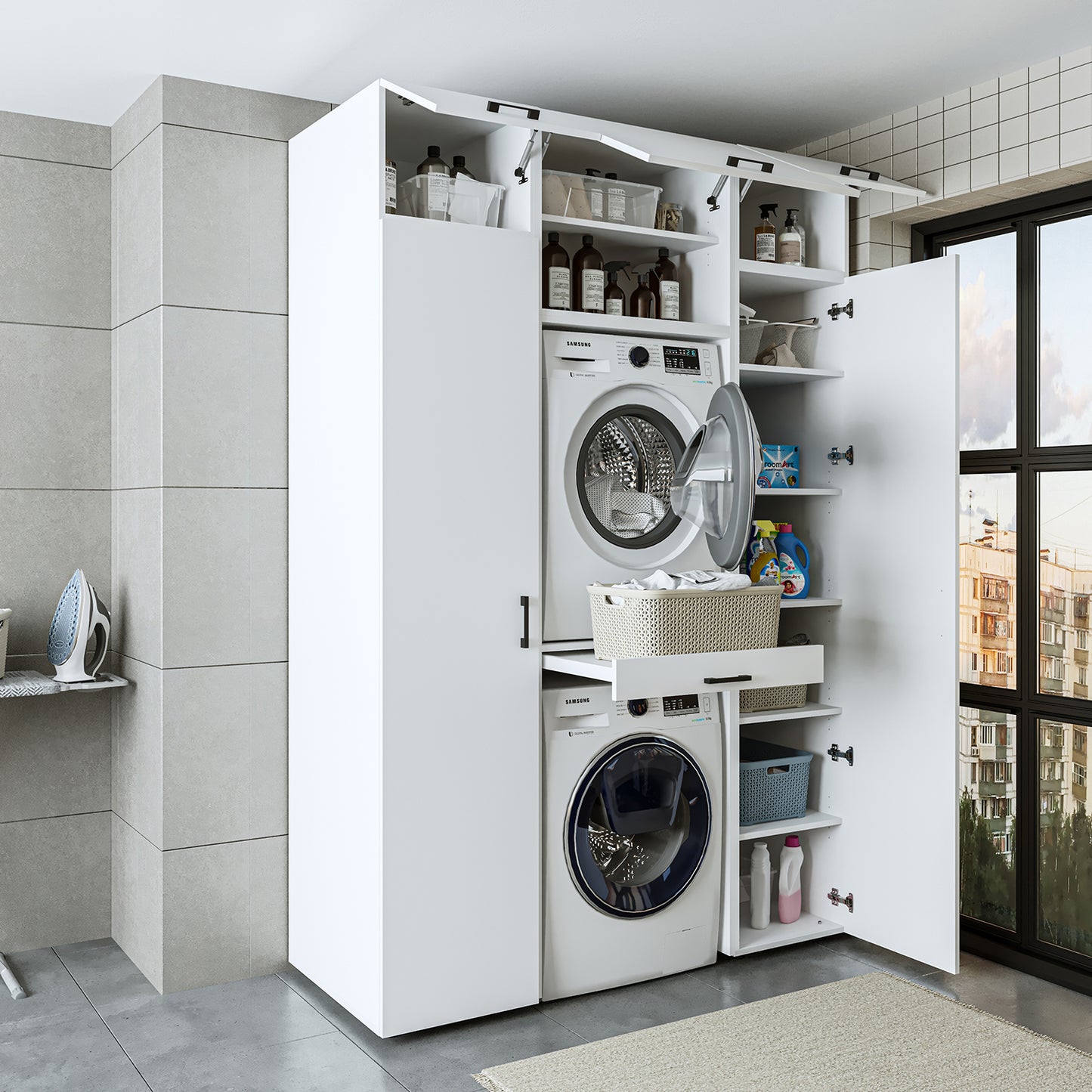 Roomart Waschmaschinenschrank DUO I – 2 Geräte übereinander & Hochschrank, 157 cm