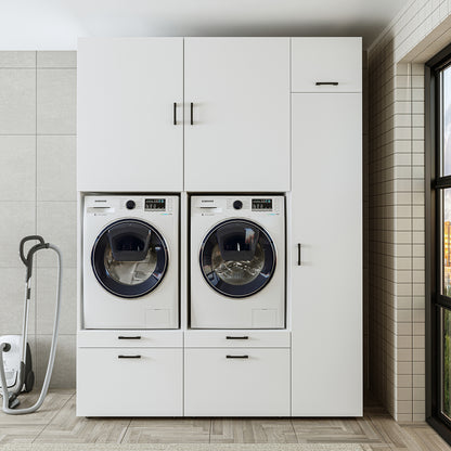 Roomart Waschmaschinenschrank Doppelschrank – SERIE 2 – Überbauschrank für Waschküche & Hauswirtschaftsraum – mit Ausziehbrett & Schubladen – in 3 Farben